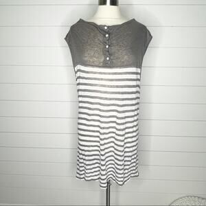 Pete & Greta Johnny Was Striped Tie Back Linen Henley Tunic Grey White Medium
